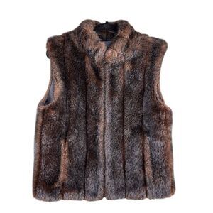 Fur Black Brown Reversible Vest Boho Women’s Size Medium Side Pockets Full Zip H